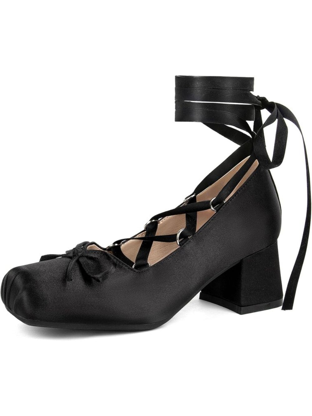 Women's Black Chunky Block Heel Ribbon Pumps Square Toe Lace Up Ballet Heels